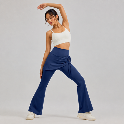 Women's High Waist Skirted Flare Yoga Pants with Adjustable Ruched Drawstring (S size)- Blue Faux Two Piece Bootcut Leggings for Pilates, Gym Workout, Running, Dance and Everyday Wear
