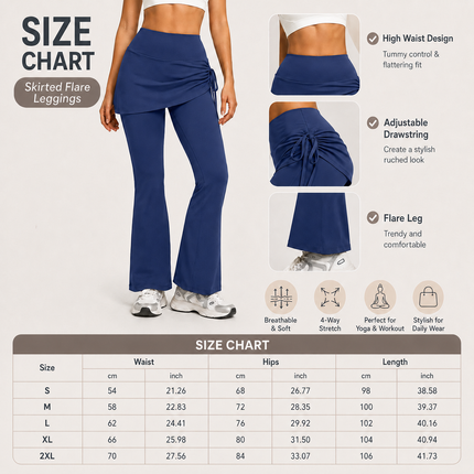 Women's High Waist Skirted Flare Yoga Pants with Adjustable Ruched Drawstring (S size)- Blue Faux Two Piece Bootcut Leggings for Pilates, Gym Workout, Running, Dance and Everyday Wear