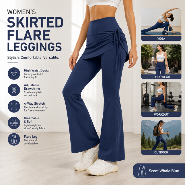 Women's High Waist Skirted Flare Yoga Pants with Adjustable Ruched Drawstring (L size)- Blue Faux