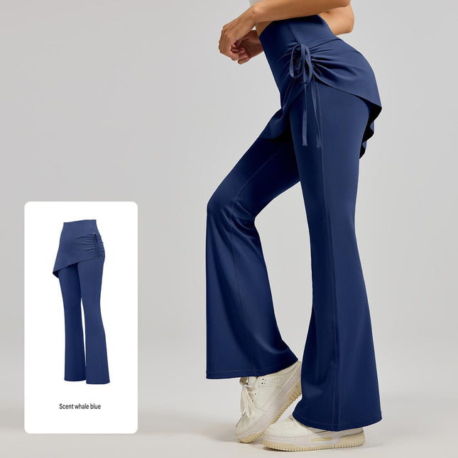 Women's High Waist Skirted Flare Yoga Pants with Adjustable Ruched Drawstring (L size)- Blue Faux – product detail