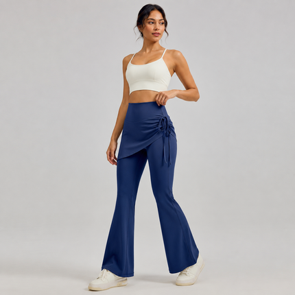 Women's High Waist Skirted Flare Yoga Pants with Adjustable Ruched Drawstring (L size)- Blue Faux Two Piece Bootcut Leggings for Pilates, Gym Workout, Running, Dance and Everyday Wear