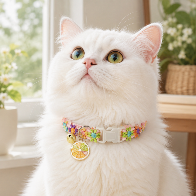 Floral Lace Pet Collar with Bell and Charm (Orange version)- Adjustable Polyester Cat Collar for – product detail