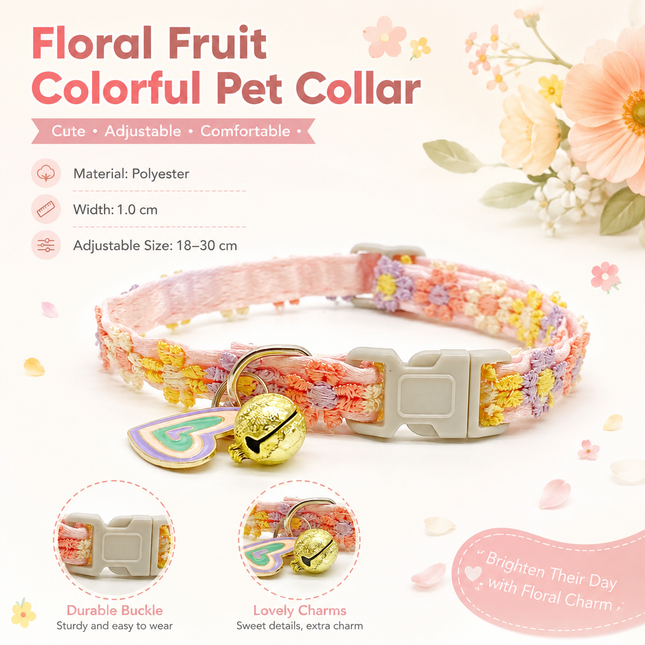 Floral Lace Pet Collar with Bell and Charm (Heart-shaped design)- Adjustable Polyester Cat Collar