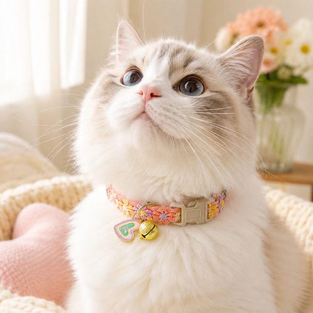 Floral Lace Pet Collar with Bell and Charm (Heart-shaped design)- Adjustable Polyester Cat Collar – product detail