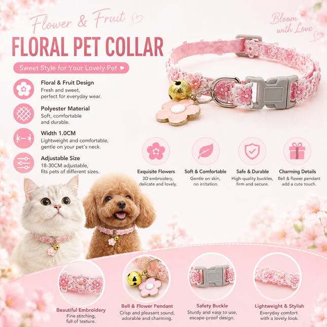 Floral Lace Pet Collar with Bell and Charm (Pink flower design)- Adjustable Polyester Cat Collar