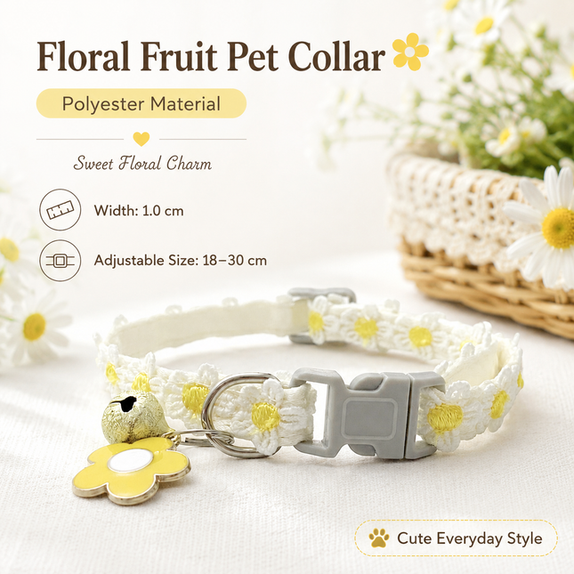 Floral Lace Pet Collar with Bell and Charm (White flower design)- Adjustable Polyester Cat Collar