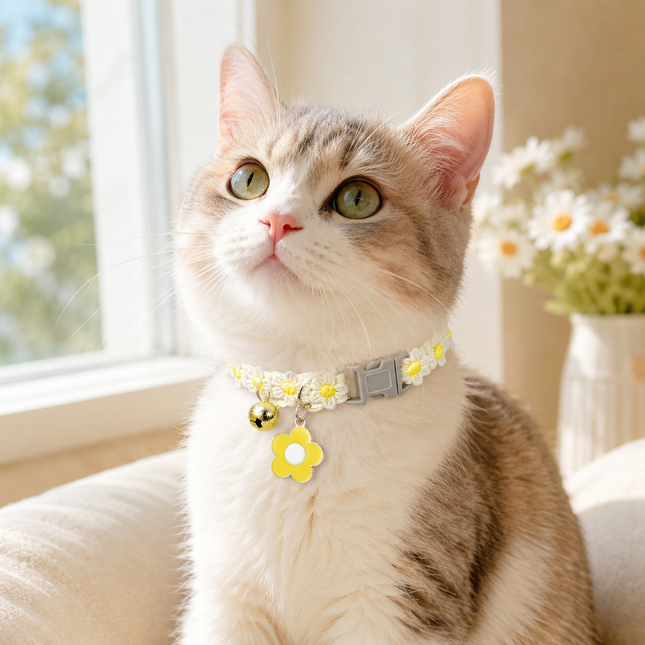 Floral Lace Pet Collar with Bell and Charm (White flower design)- Adjustable Polyester Cat Collar – product detail