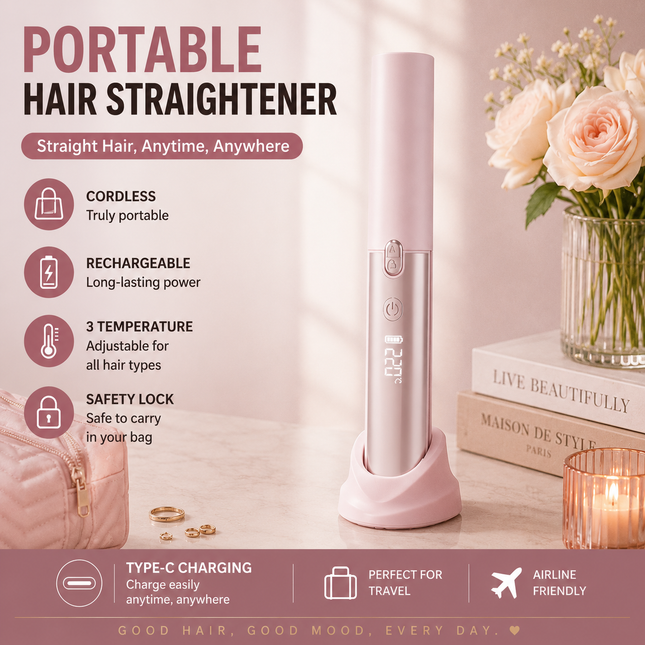 Pink Portable Cordless Hair Straightener Brush Rechargeable Mini Hair Styling Comb USB-C Fast Charging