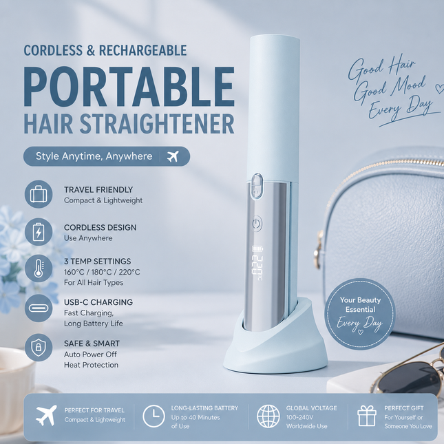 Blue Portable Cordless Hair Straightener Brush Rechargeable Mini Hair Styling Comb USB-C Fast Charging