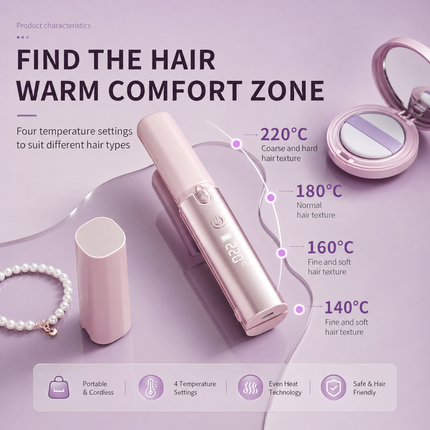Blue Portable Cordless Hair Straightener Brush Rechargeable Mini Hair Styling Comb, USB-C Fast Charging, 4 Temperature Settings 140-220°C, Anti-Scald Design, Travel Hair Straightener for Home & On-the-Go Styling