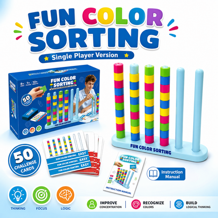 Colour Sorting Stacking Game with 50 Challenge Cards, Single Player Logic Puzzle and Ring Matching Tabletop Activity for Family Game Nights, Parties and Brain Training