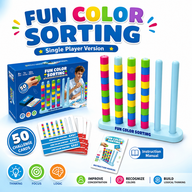 Colour Sorting Stacking Game with 50 Challenge Cards Single Player Logic Puzzle and Ring