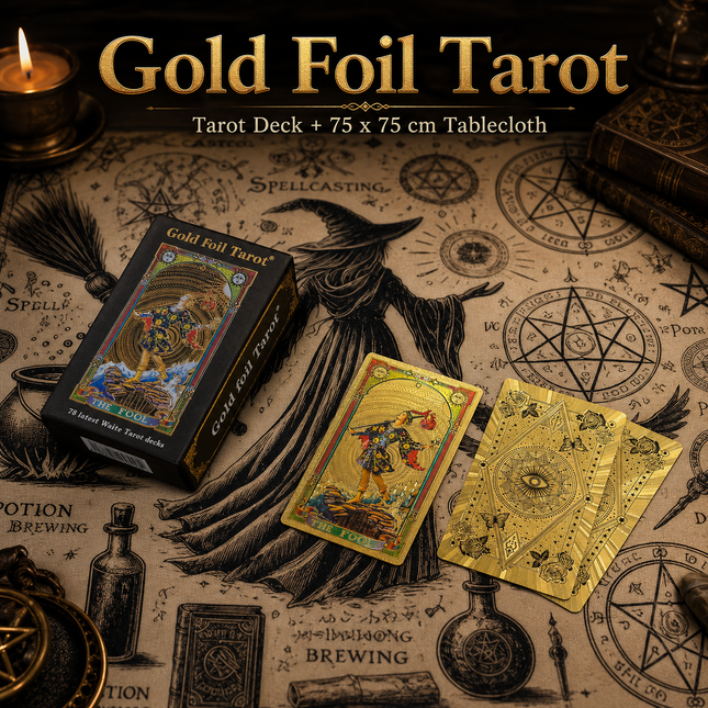 Gold Foil Eye Box Tarot Deck with 75 x 75 cm Witch Pattern Tarot Tablecloth – product detail