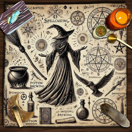 Gold Foil Eye Box Tarot Deck with 75 x 75 cm Witch Pattern Tarot Tablecloth, Waterproof PVC 78-Card Waite Tarot Cards, Gold Foil Divination Deck, Complete Tarot Reading Gift Set