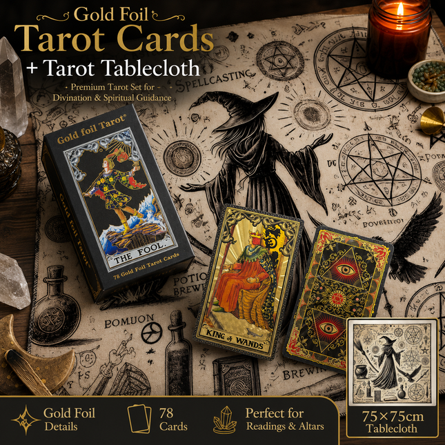 Gold Foil Tarot Cards with Hexagram Gift Box & 75 x 75 cm Witch Tarot V888-ELOSUNG54829