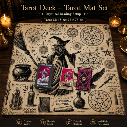 Gold Foil Eye Box Tarot Deck with 75 x 75 cm Witch Pattern Tarot Tablecloth, Waterproof PVC 78-Card Waite Tarot Cards, Gold Foil Divination Deck, Complete Tarot Reading Gift Set