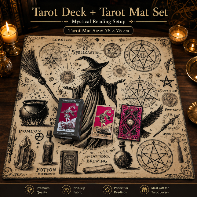 Gold Foil Eye Box Tarot Deck with 75 x 75 cm Witch Pattern Tarot Tablecloth V888-ELOSUNG54830