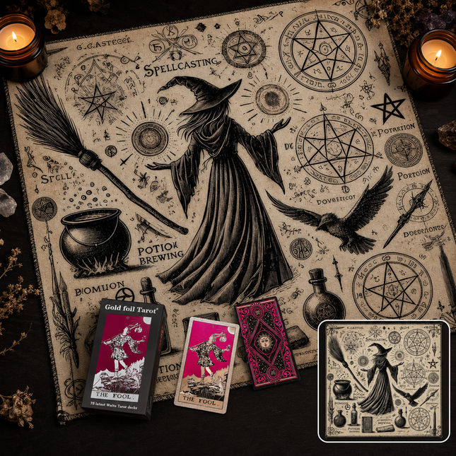 Gold Foil Eye Box Tarot Deck with 75 x 75 cm Witch Pattern Tarot Tablecloth – product detail