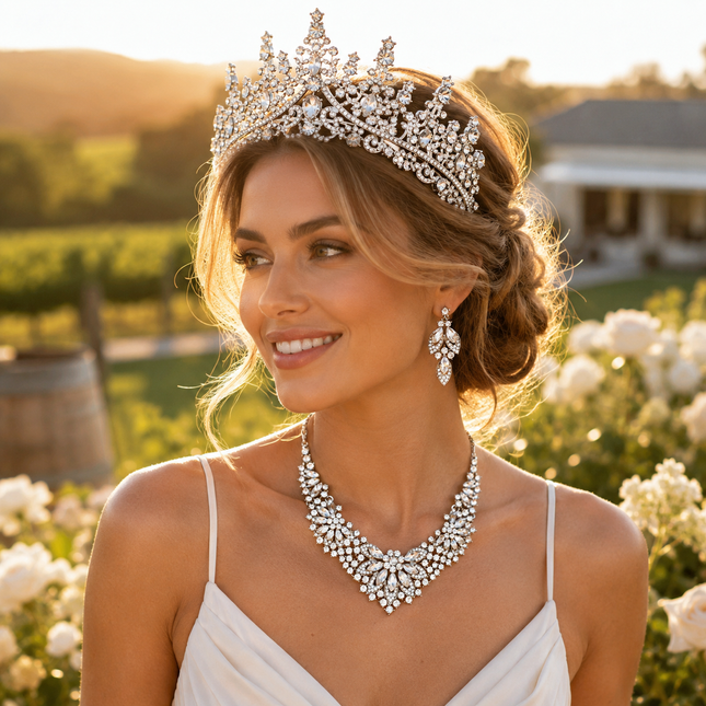 Luxury Crystal Bridal Tiara Necklace Earrings Set Sparkling Rhinestone Crown Jewelry Set for Wedding Bride – product detail