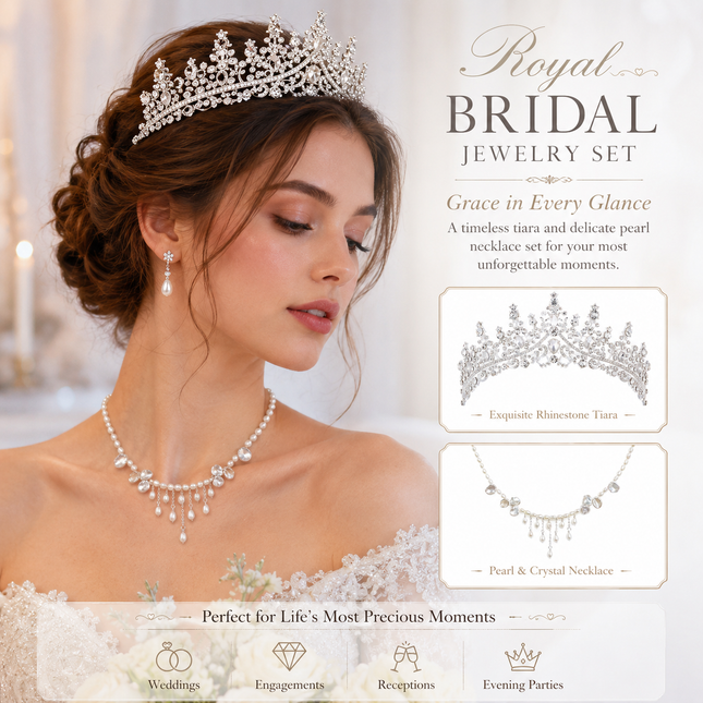 Pearl Tassel Necklace & Rhinestone Tiara Set Bridal Crown Jewelry Accessories for Wedding Bride Prom Party