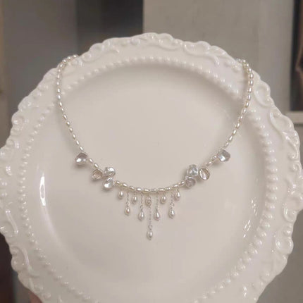 Pearl Tassel Necklace & Rhinestone Tiara Set Bridal Crown Jewelry Accessories for Wedding Bride Prom Party Evening Events