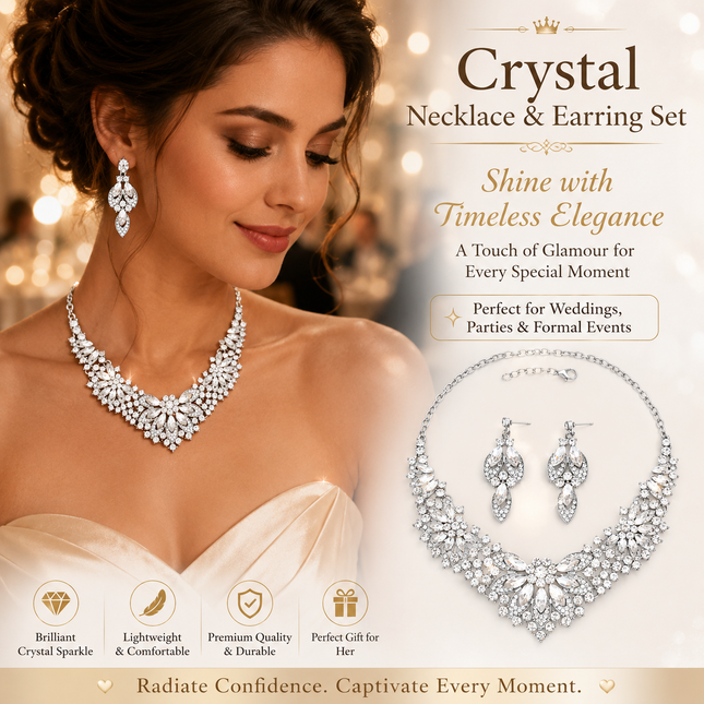 Crystal Necklace Earrings Set for Women Luxury Rhinestone Bridal Jewelry Statement Choker Necklace Wedding