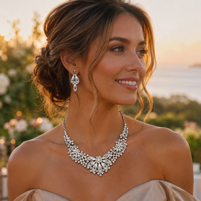 Crystal Necklace Earrings Set for Women Luxury Rhinestone Bridal Jewelry Statement Choker Necklace Wedding – product detail