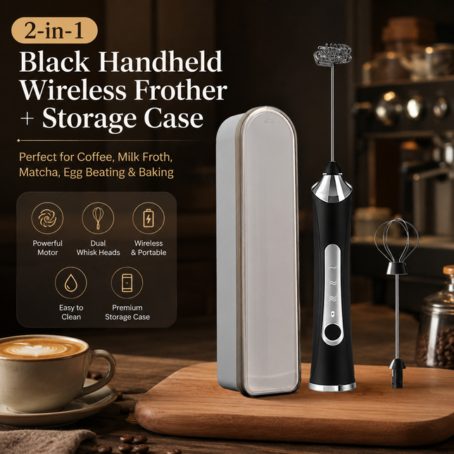 Black 2 in 1 Handheld Electric Milk Frother and Egg Whisk with Storage Case Wireless V888-ELOSUNG54838
