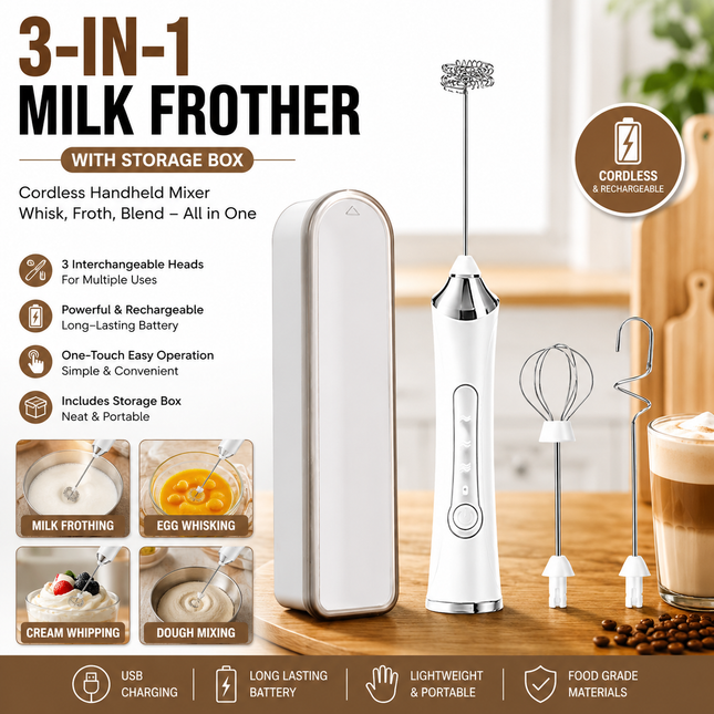 White 3 in 1 Handheld Electric Milk Frother with Storage Case Wireless Rechargeable Mixer and