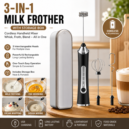 Black 3 in 1 Handheld Electric Milk Frother with Storage Case Wireless Rechargeable Mixer and Whisk for Coffee Latte Cappuccino Cream Baking and Kitchen Use