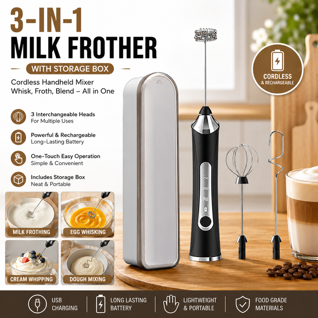 Black 3 in 1 Handheld Electric Milk Frother with Storage Case Wireless Rechargeable Mixer and
