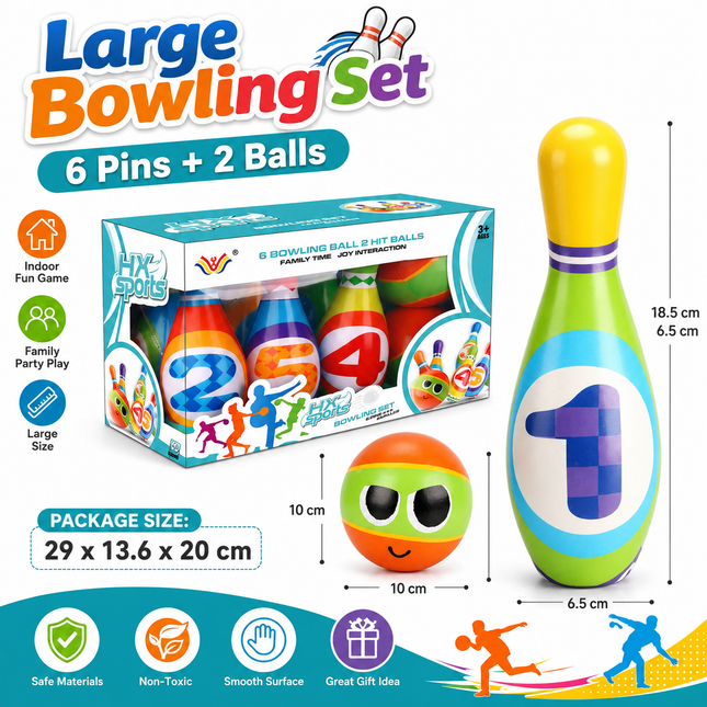 Large Bowling Set 6 Pins 2 Balls Indoor Outdoor Family Party Game Oversized Soft Bowling Toy Set for Fun