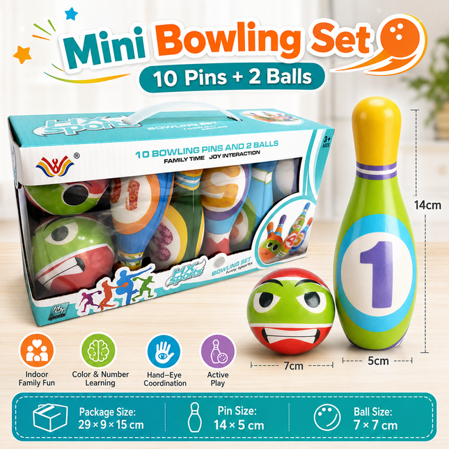 Mini Bowling Set 10 Pins 2 Balls Indoor Outdoor Family Party Game Soft Bowling Toy V888-ELOSUNG54843