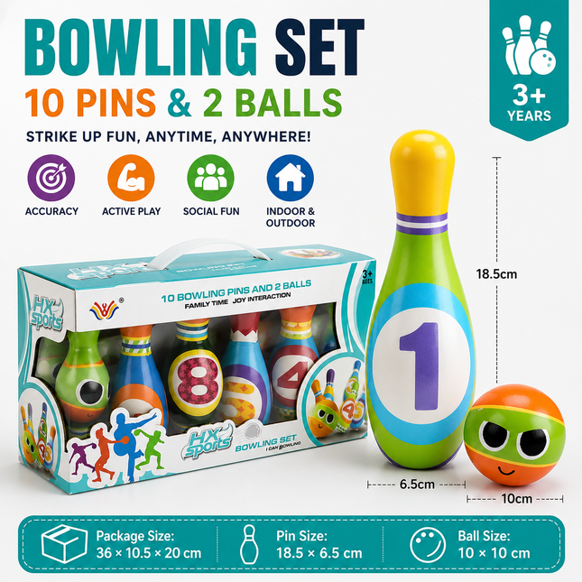 Large Bowling Set 10 Pins 2 Balls Indoor Outdoor Family Party Game Soft Bowling Toy V888-ELOSUNG54844