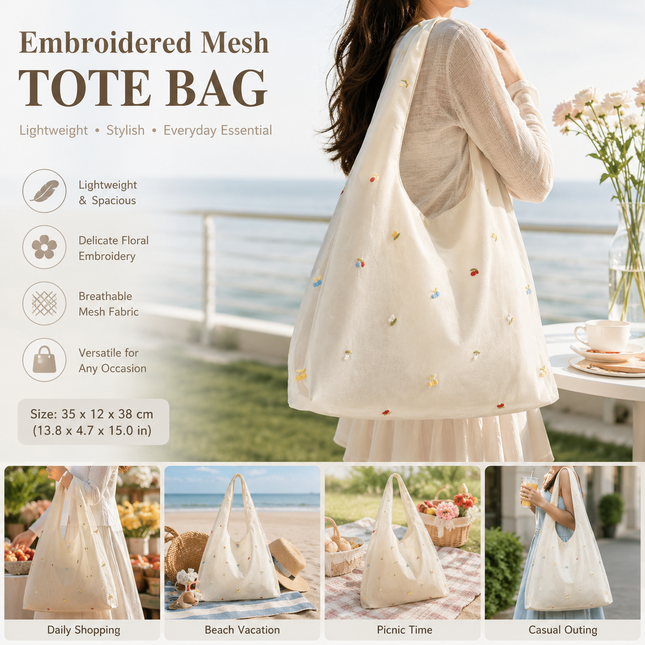 Embroidered Mesh Tote Bag for Women Large Capacity Shoulder Bag Lightweight Floral Embroidery