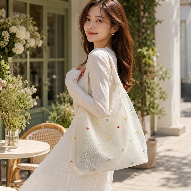 Embroidered Mesh Tote Bag for Women Large Capacity Shoulder Bag Lightweight Floral Embroidery – product detail