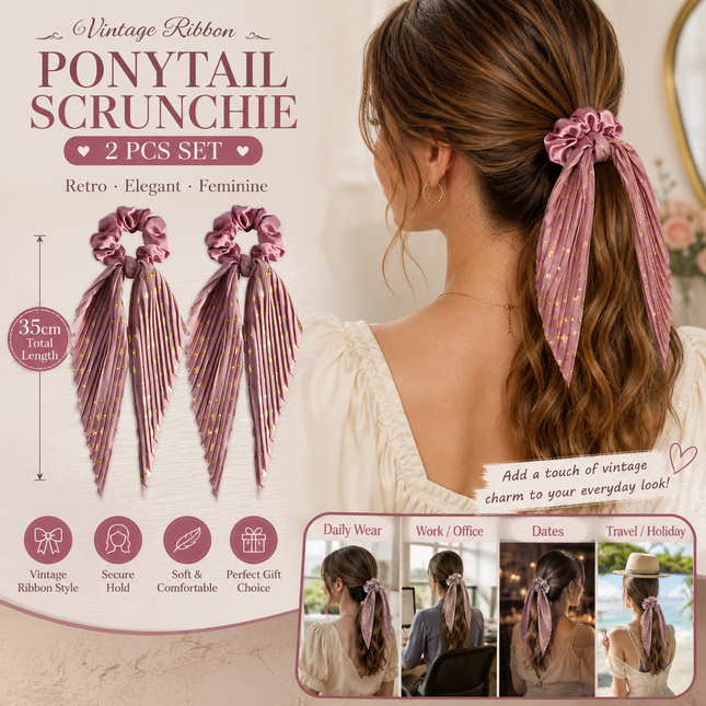 Deep pink Vintage Ribbon Ponytail Scrunchie 2 Pack for Women Pleated Satin Hair Tie with