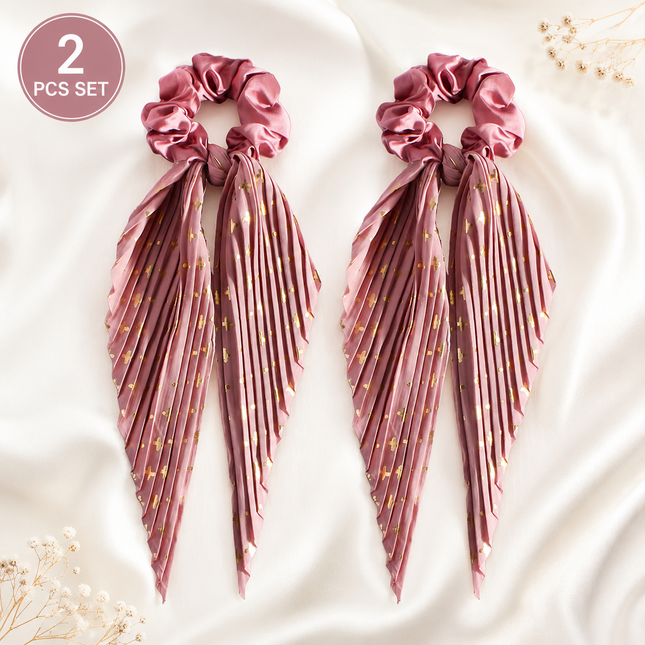 Deep pink Vintage Ribbon Ponytail Scrunchie 2 Pack for Women Pleated Satin Hair Tie with – product detail