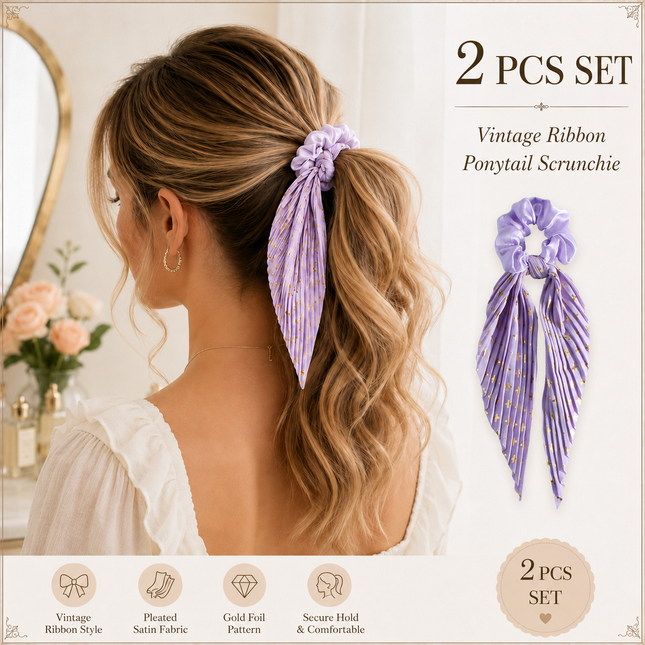 Purple Vintage Ribbon Ponytail Scrunchie 2 Pack for Women Pleated Satin Hair Tie with Long
