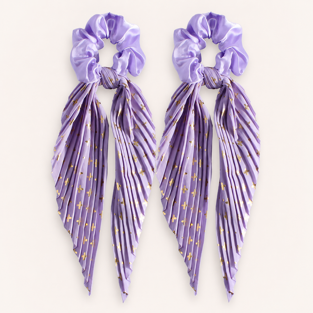 Purple Vintage Ribbon Ponytail Scrunchie 2 Pack for Women Pleated Satin Hair Tie with Long – product detail