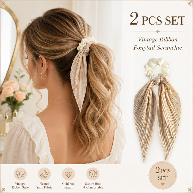 Beige Vintage Ribbon Ponytail Scrunchie 2 Pack for Women Pleated Satin Hair Tie with Long