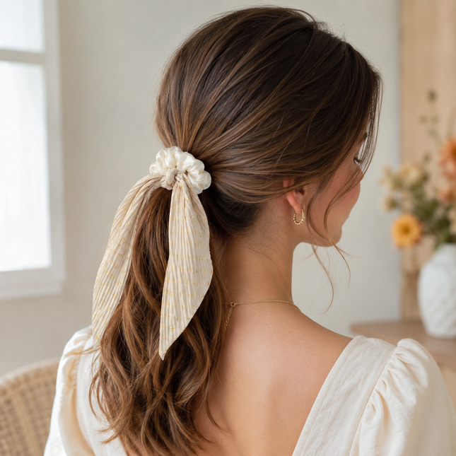 Beige Vintage Ribbon Ponytail Scrunchie 2 Pack for Women Pleated Satin Hair Tie with Long – product detail