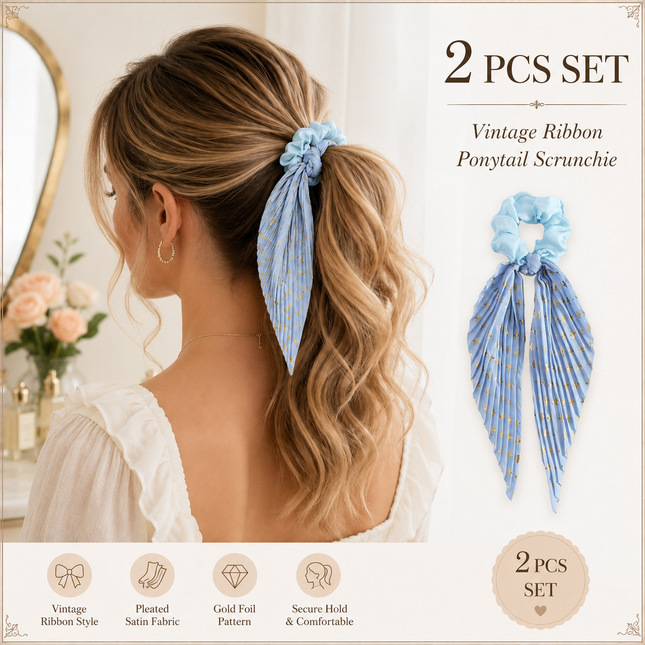 Sky Blue Vintage Ribbon Ponytail Scrunchie 2 Pack for Women Pleated Satin Hair Tie with V888-ELOSUNG54849
