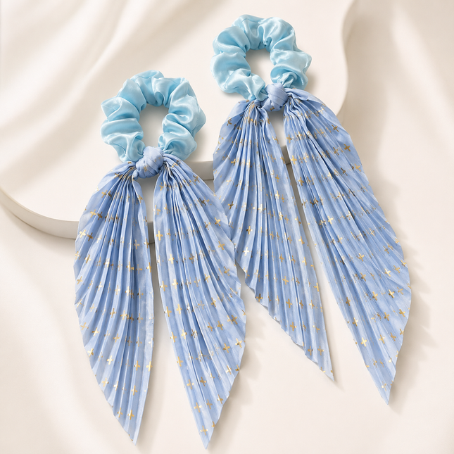 Sky Blue Vintage Ribbon Ponytail Scrunchie 2 Pack for Women Pleated Satin Hair Tie with – product detail
