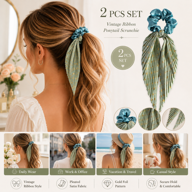 Light Green Vintage Ribbon Ponytail Scrunchie 2 Pack for Women Pleated Satin Hair Tie with