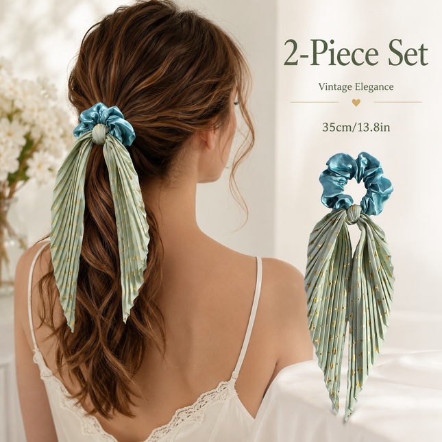 Light Green Vintage Ribbon Ponytail Scrunchie 2 Pack for Women Pleated Satin Hair Tie with – product detail
