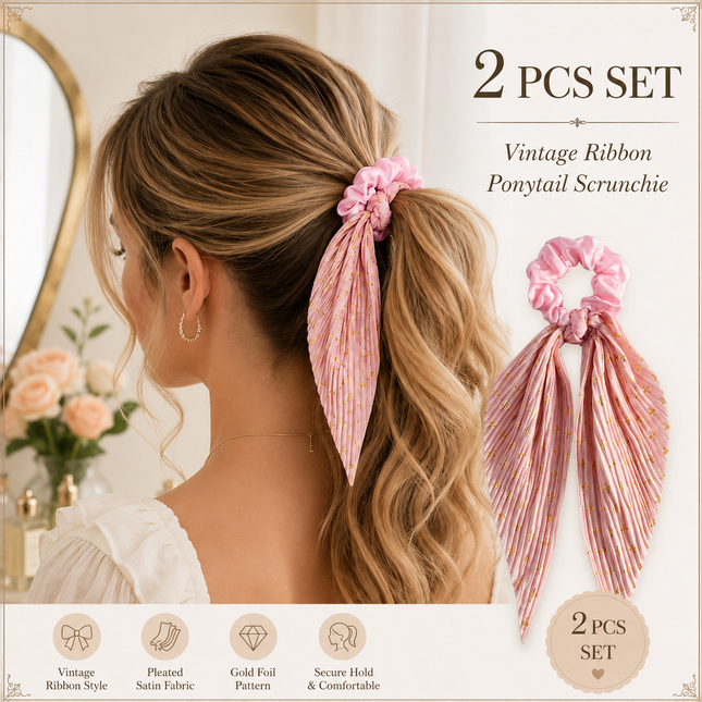Pink Vintage Ribbon Ponytail Scrunchie 2 Pack for Women Pleated Satin Hair Tie with Long