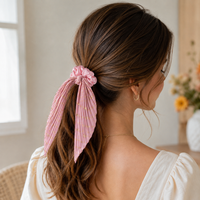 Pink Vintage Ribbon Ponytail Scrunchie 2 Pack for Women Pleated Satin Hair Tie with Long – product detail
