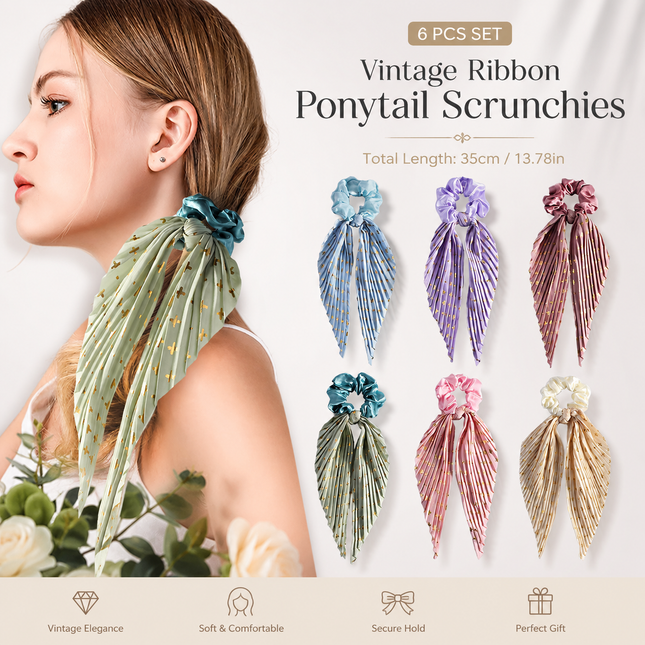 6 Pack Vintage Ribbon Ponytail Scrunchies for Women Pleated Satin Hair Ties with Long Ribbon