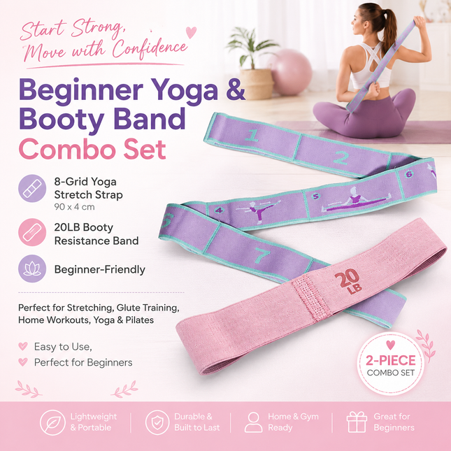 8 Grid Yoga Stretching Strap and 20LB Resistance Band Set for Pilates Workout Adjustable Stretch